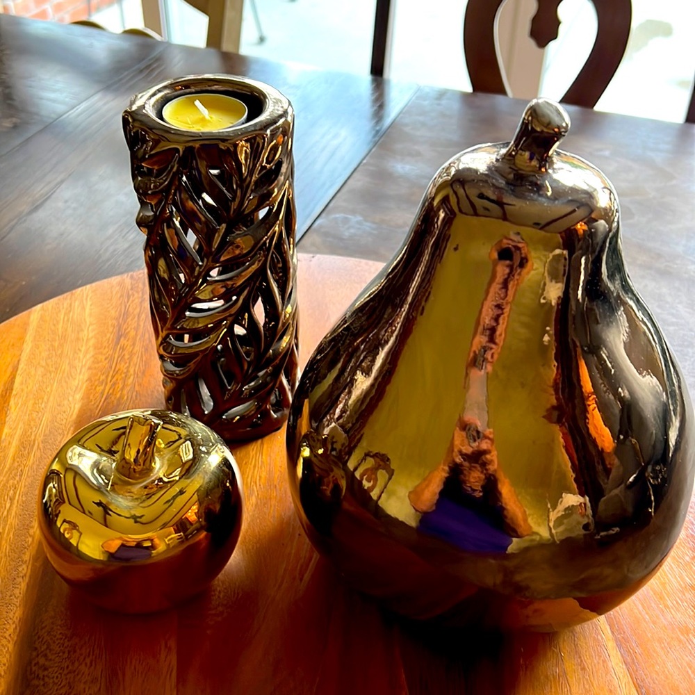 Pear and an Apple decor pier1  with candle holder leaf design set